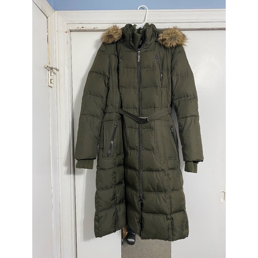 Kensie Large Green Winter Coat Parka with Fur Lined Hood and Belt